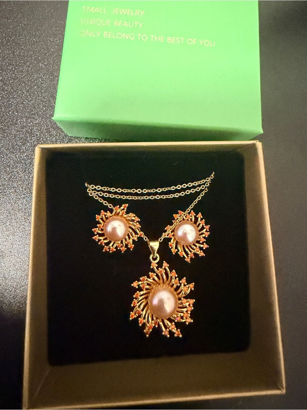 Gold-tone Pink Pearl Sunburst Necklace and Earrings Set